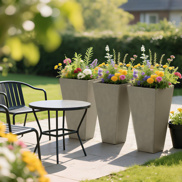 Set of 3 Grande 28in Tall Outdoor Planters — Tapered with Drainage Holes, Front Porch & Patio Décor (Grey)