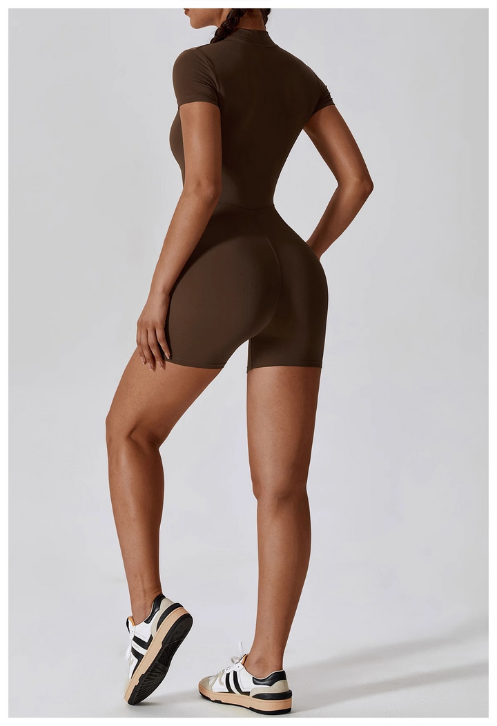 Women's Zip-Up Yoga Bodysuit – Short Sleeve One-Piece Workout Outfit