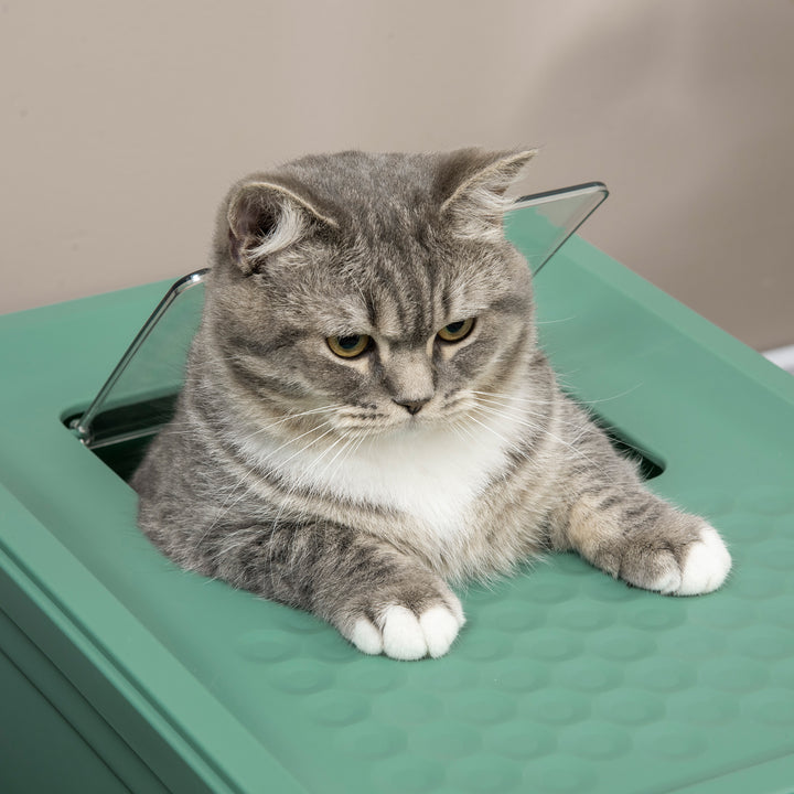 Fully Enclosed Cat Litter Box with Front Entry and Top Exit, Plastic, Green & White