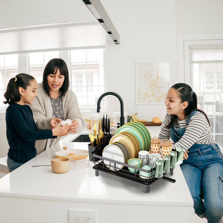 Dish Drying Rack with Drain Board — Utensil Holder & Tableware Organizer for Kitchen Countertop (Black)