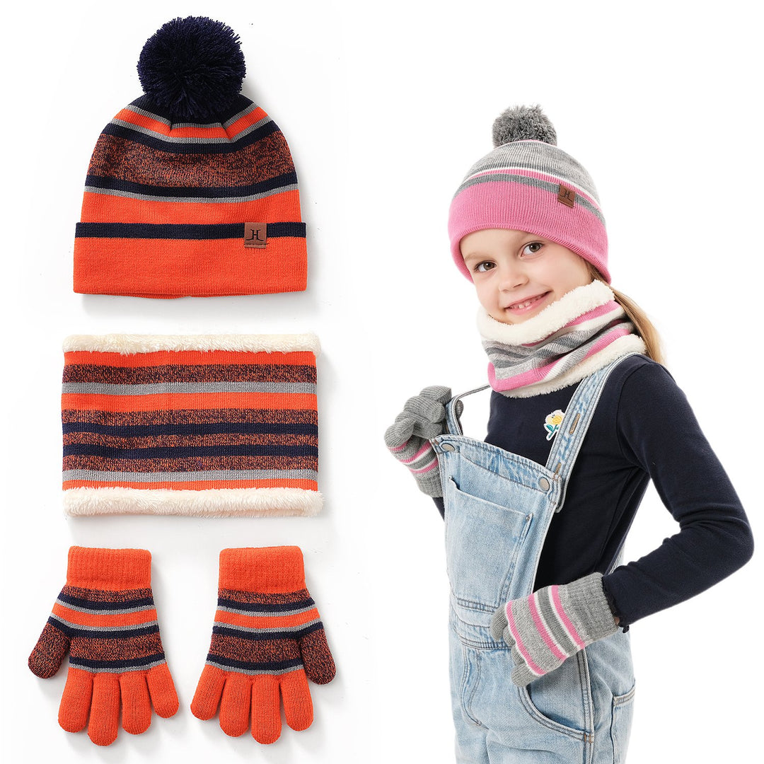 Kids Winter Knitted Hat, Scarf & Gloves Set — 3-Piece Warm Beanie, Neck Warmer & Mittens for Boys & Girls Age 4–7 (Orange/Purple)