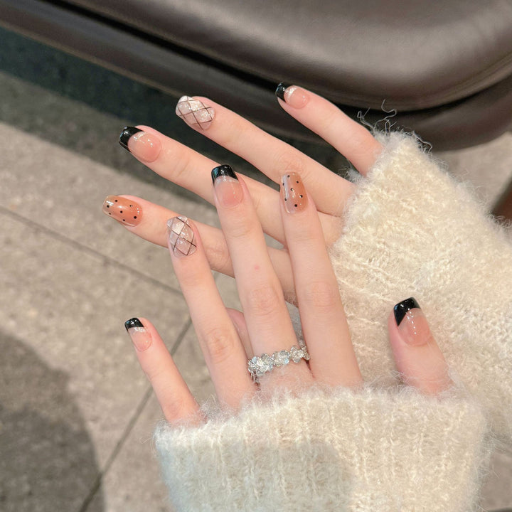 French Black Edge Handmade Press-On Nails — Classic Style, XS–L, 3 Shapes Available