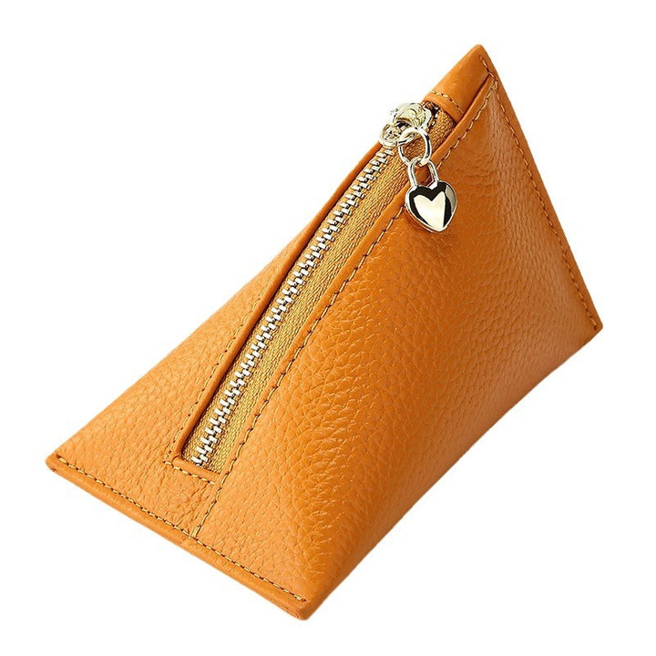 Genuine Leather Triangle Coin Purse – Compact Zipper Key Pouch