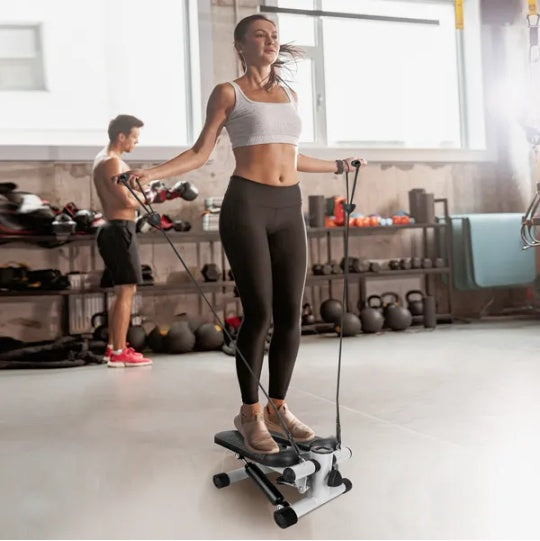 Mini Fitness Stair Stepper for Women — 2 Resistance Bands, LCD Monitor, 330lb Capacity, Quiet Home Cardio Machine (Grey)