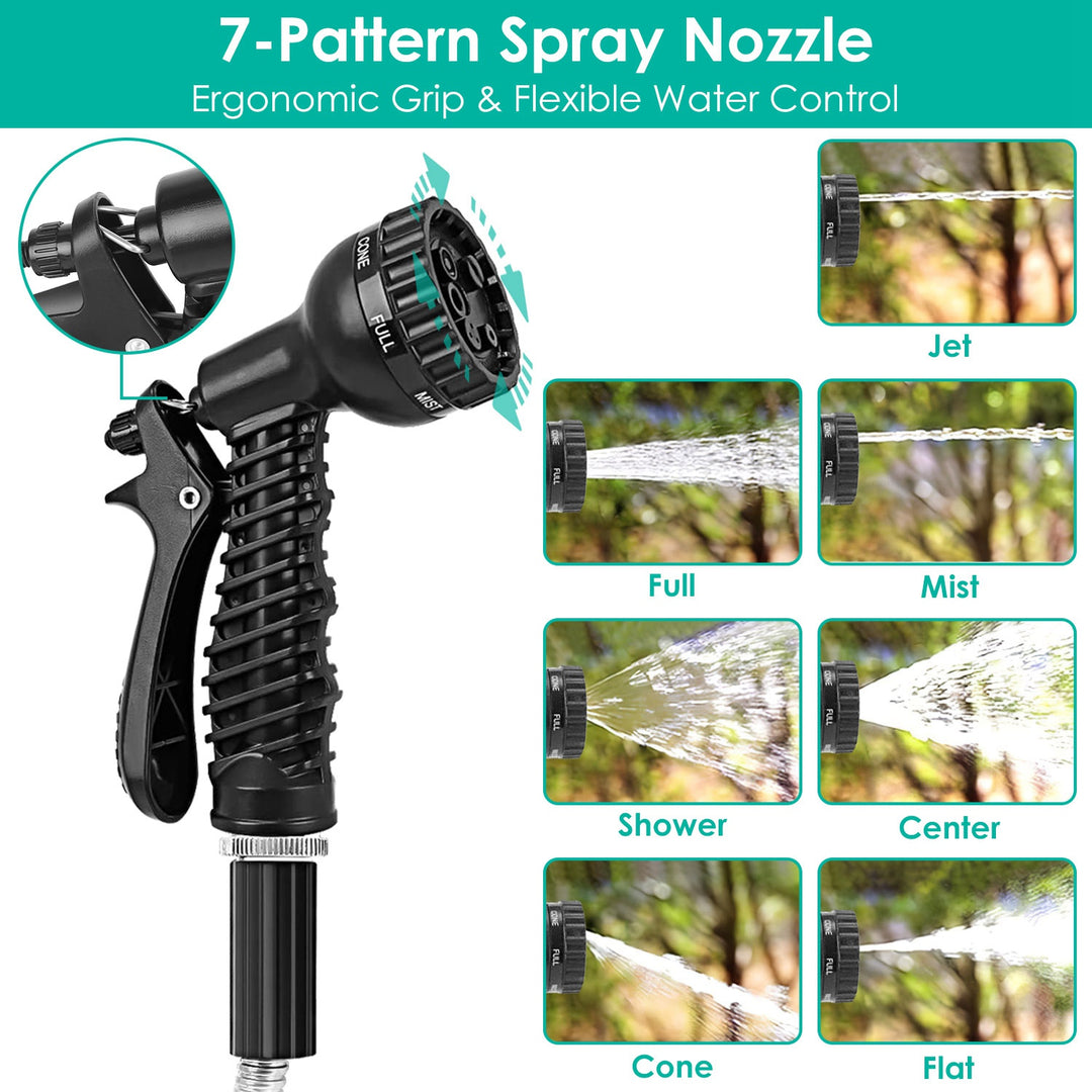 Heavy Duty Stainless Steel Garden Hose Kit — 25ft / 50ft / 100ft, Kink-Free, 12-Pattern Nozzle, Dog-Proof (2 Nozzles)