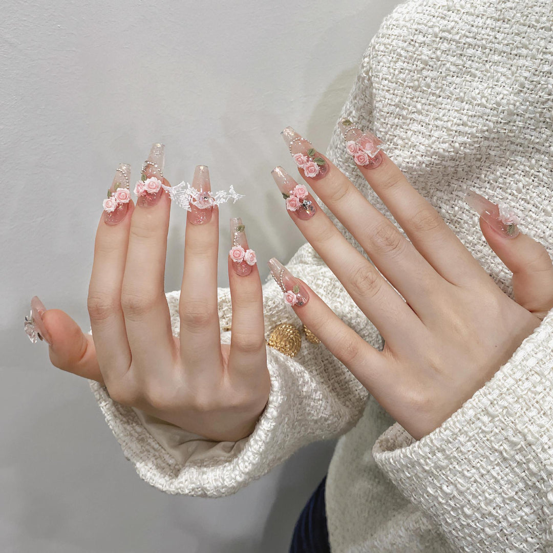 Handmade UV-Cured Nail Beauty Patches — Finished Press-On Nails, Long Ladder Style (1456)