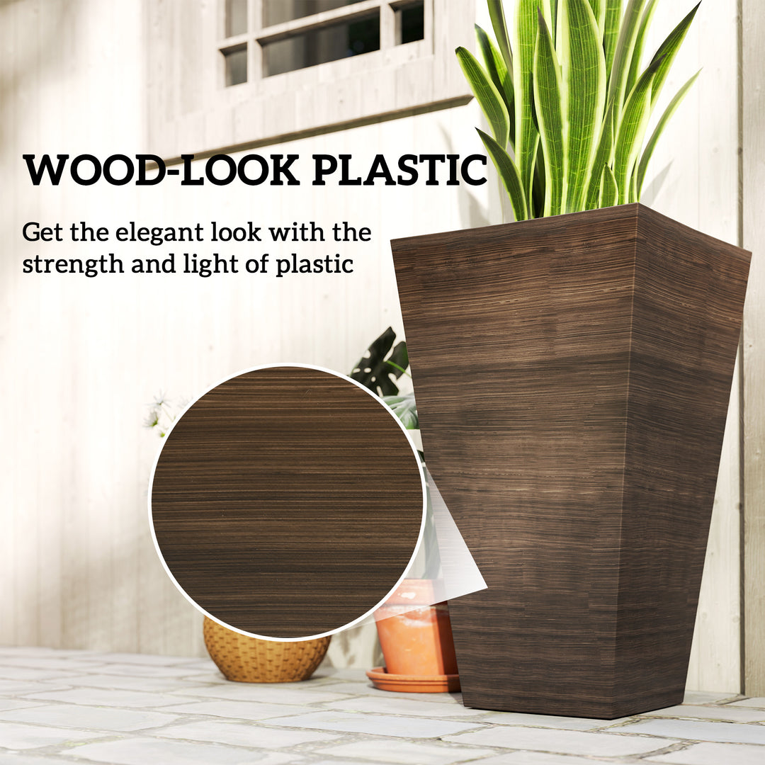 Set of 3 Tall 28in Faux Wood Outdoor Planters — Drainage Holes, Natural Texture Plastic Flower Pots (Brown)