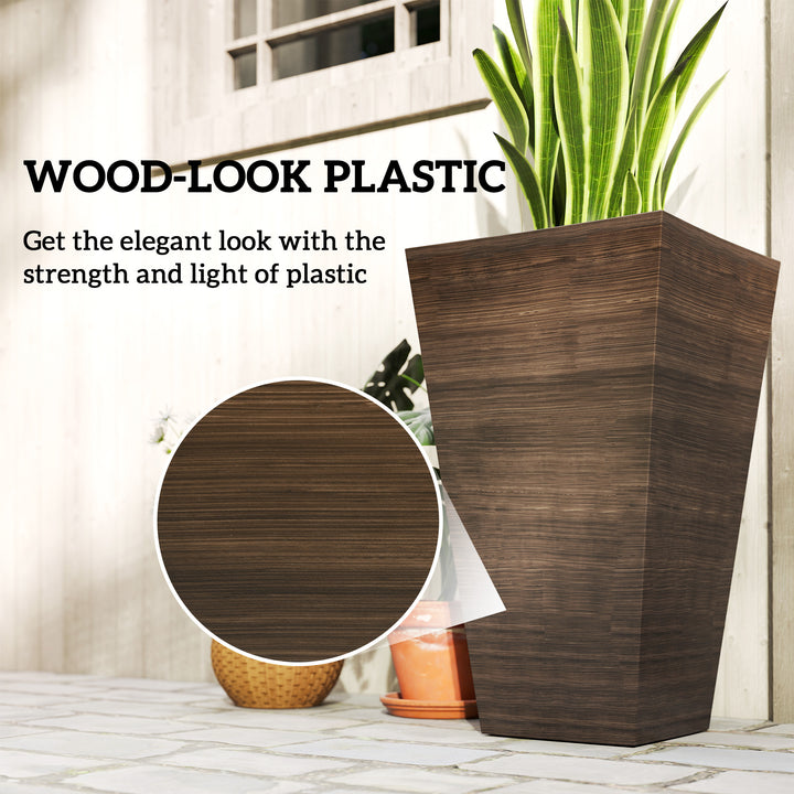 Set of 3 Tall 28in Faux Wood Outdoor Planters — Drainage Holes, Natural Texture Plastic Flower Pots (Brown)
