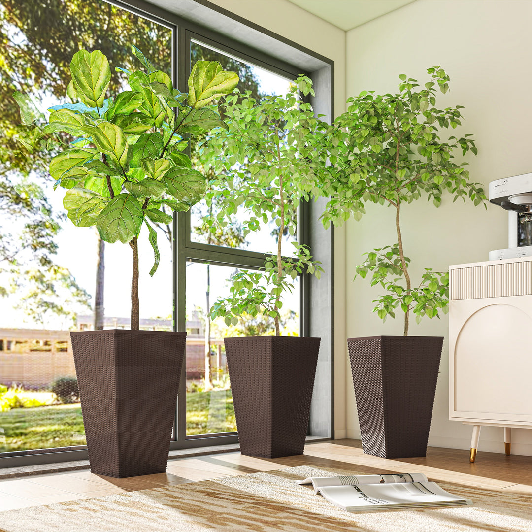 Set of 3 Tall 24in Outdoor Planters — Drainage Hole, Flower Pots for Porch, Front Door, Entryway, Patio & Deck (Brown)