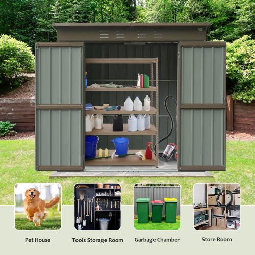 6×4 ft Waterproof Metal Garden Storage Shed — Lockable Double Doors, Bike Shed for Garden & Backyard (Brown)