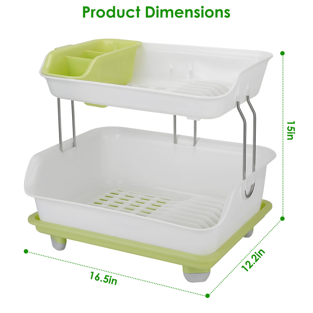 2-Tier Dish Drying Rack — Cutlery Drainer, Holder & Kitchen Storage Shelf (Green & White)