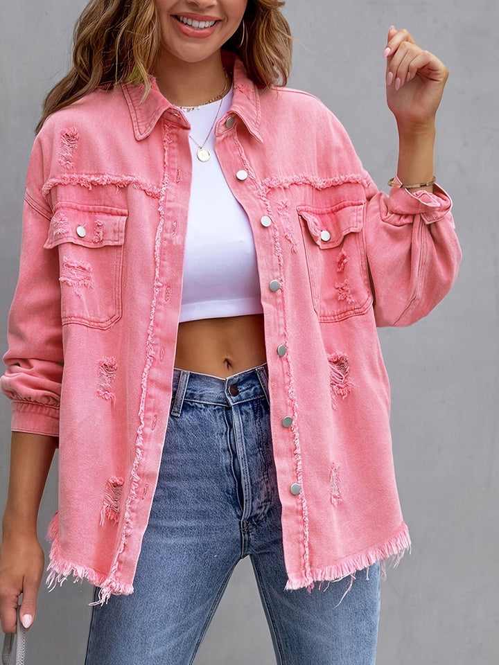 Women's Oversized Ripped Shacket – Casual Distressed Shirt Jacket for Fall & Spring