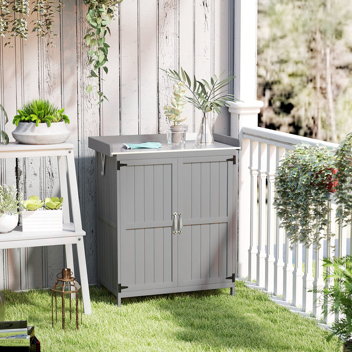 Outdoor Potting Bench & Garden Storage Cabinet — Metal Tabletop, Shelf & 2-Door Wooden Cabinet (Gray)