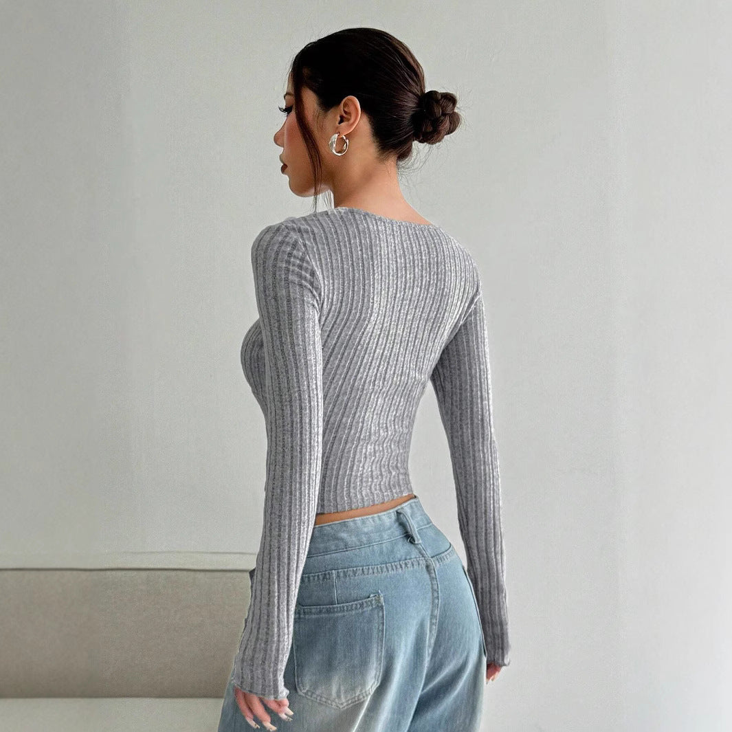 Women's Sunken Stripe Brushed T-shirt Short Midriff-baring Top