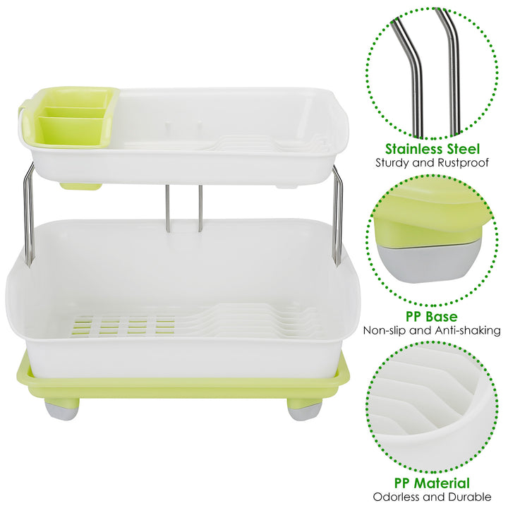 2-Tier Dish Drying Rack — Cutlery Drainer, Holder & Kitchen Storage Shelf (Green & White)