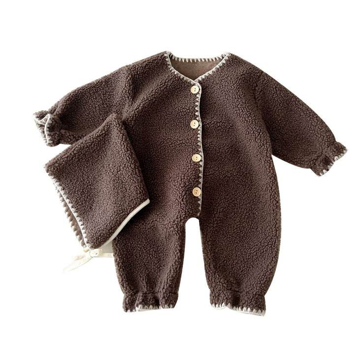 Fleece-Lined Baby Romper — Warm Western Style One-Piece Long Jumpsuit for Infants (Dark Brown/White)