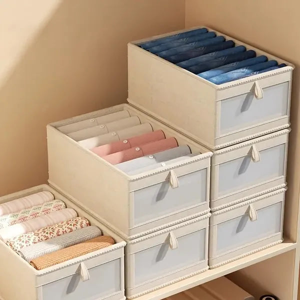 Foldable Clothes Storage Box With Viewing Window - Heavy-Duty Organizer Box, Stackable Closet Organizer For Wardrobe, Under-Bed, Shelf - Space-Saving Closet Storage Solution In Nano White -Linen Style