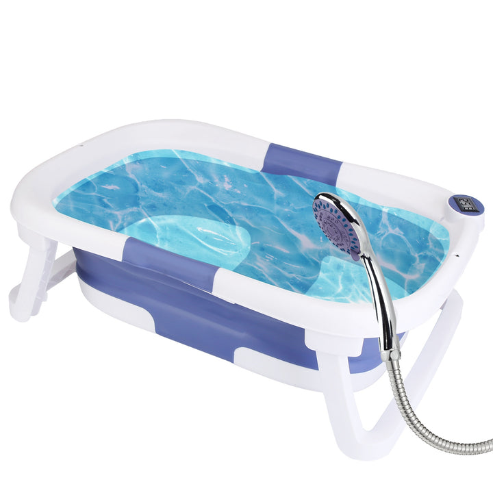 Foldable Baby Bath Tub with Built-In Thermometer — Collapsible Travel Bathtub with Drain Hole for Newborns & Toddlers 0–24 Months