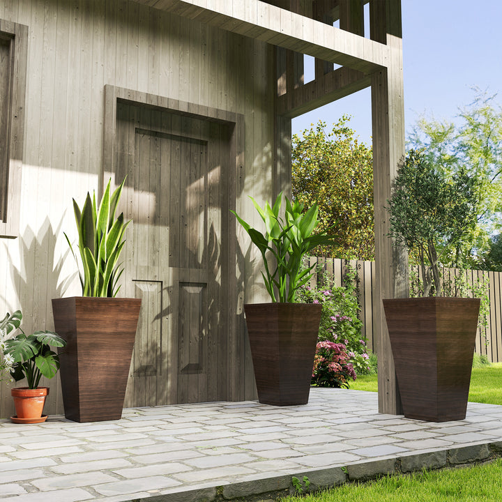 Set of 3 Tall 28in Faux Wood Outdoor Planters — Drainage Holes, Natural Texture Plastic Flower Pots (Brown)