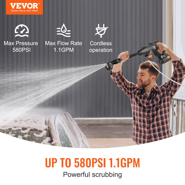 VEVOR 580-PSI Cordless Pressure Washer — 1.1 GPM Portable Battery-Powered Power Cleaner with 4.0Ah Battery & 6-in-1 Nozzle