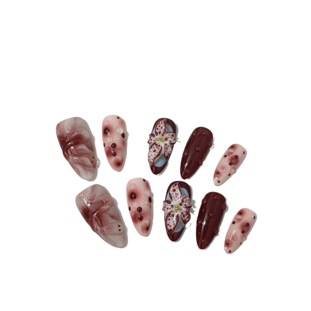 3D Hand-Painted Blooming Floral Press-On Nail Set — Almond Shape, Sizes XS–L, Glue Kit Included