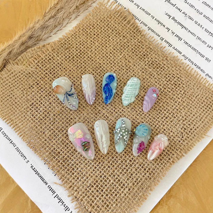 3D Hand-Painted Underwater World Long Press-On Nails — Premium Ocean Design, Almond, Sizes XS–L (Set A)