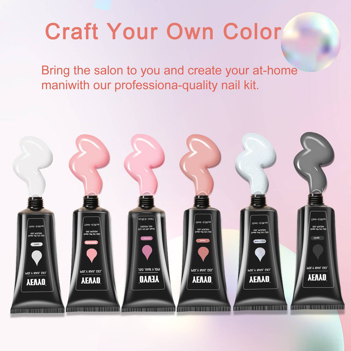 6-Piece Poly Gel Nail Extension Kit With UV Lamp — Builder Gel, 100 Dual Forms, Top & Base Coat