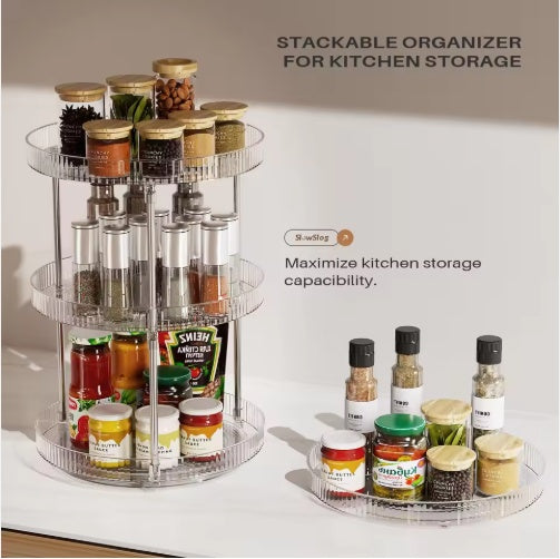 2-Pack Double-Layer Rotating Spice Rack — Turntable Spinning Organizer for Kitchen Countertop & Cabinet (Transparent)