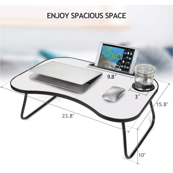 Portable Foldable Laptop Desk — 26.5×18.5in Metal & Wood with Cup Holder for Bed, Car, Couch & Outdoor Use (Grey/White)