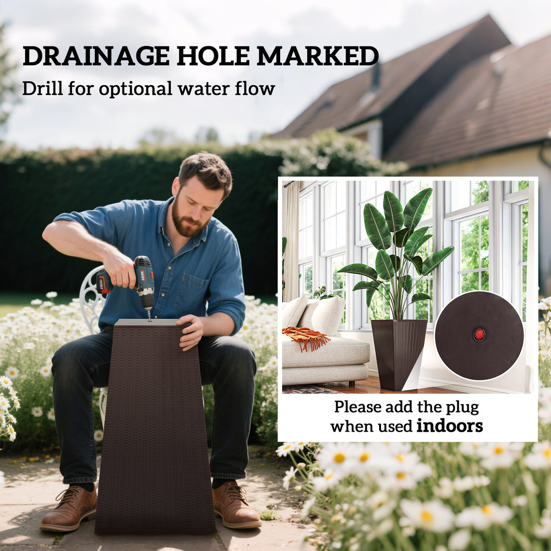 Set of 3 Tall 24in Outdoor Planters — Drainage Hole, Flower Pots for Porch, Front Door, Entryway, Patio & Deck (Brown)