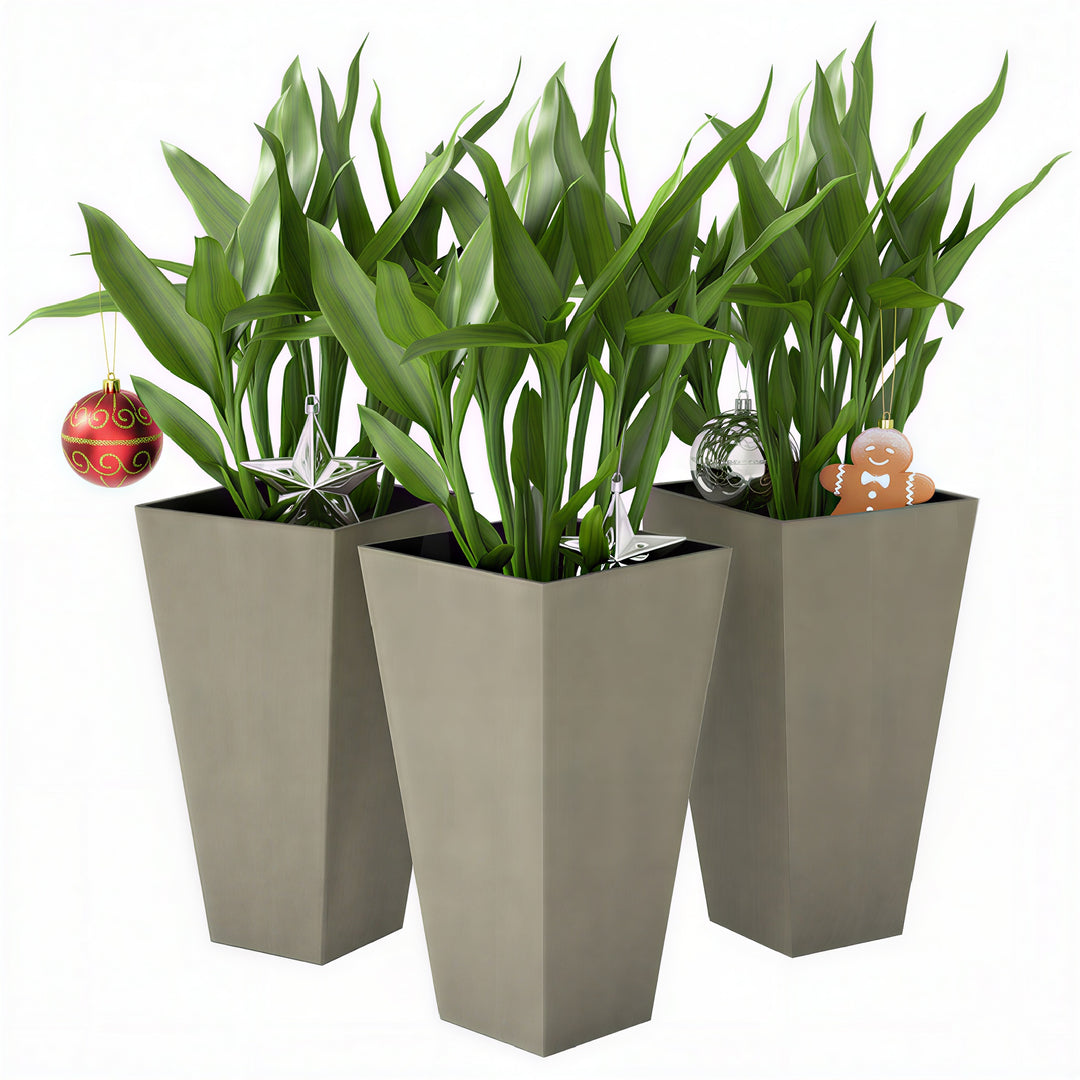 Set of 3 Grande 28in Tall Outdoor Planters — Tapered with Drainage Holes, Front Porch & Patio Décor (Grey)