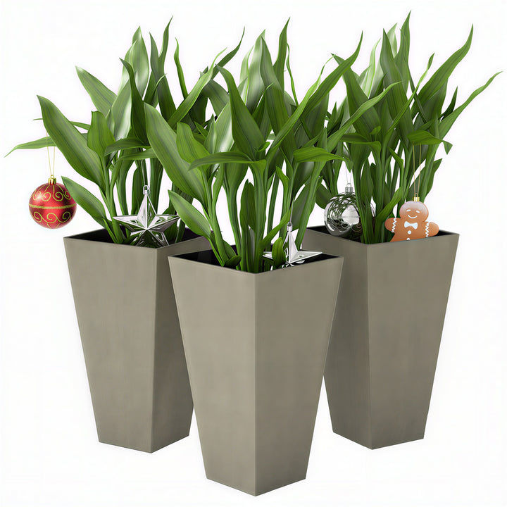Set of 3 Grande 28in Tall Outdoor Planters — Tapered with Drainage Holes, Front Porch & Patio Décor (Grey)