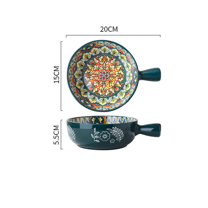 Glazed Salad & Dessert Bowl with Handle — Household Ceramic Serving Bowl (Blue, Green & Red Glaze)