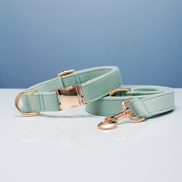 Premium Velvet Dog Collar &amp; Leash Set with Bow Tie – Personalized Engraved Buckle