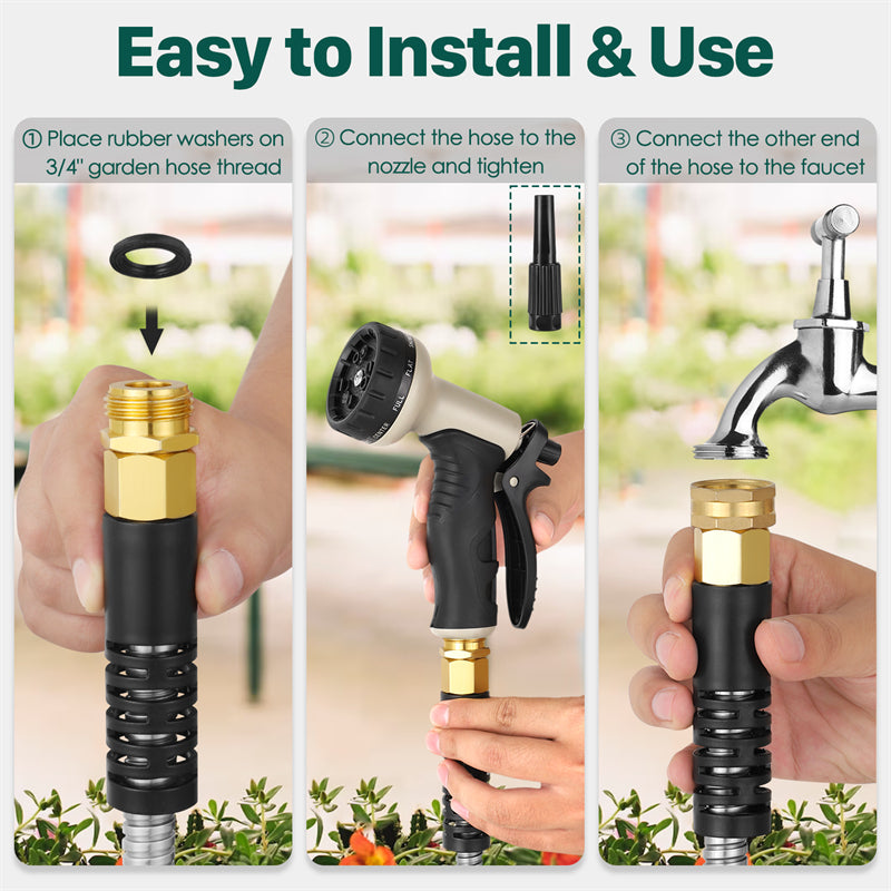 100ft Stainless Steel Metal Garden Hose — Flexible, Kink-Free, with 10-Pattern Spray Nozzle & 2 Nozzles