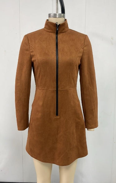Deerskin Velvet French Long-sleeve Zipper Dress Short Skirt