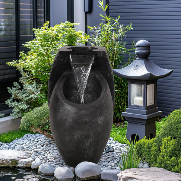 21.5in Two-Tier Outdoor Water Fountain — Modern Floor Standing Waterfall for Garden, Patio & Yard Décor