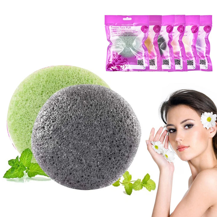 Round Konjac Facial Cleansing Sponge — Natural Konnyaku Exfoliator Face Wash Puff (5 Colours)