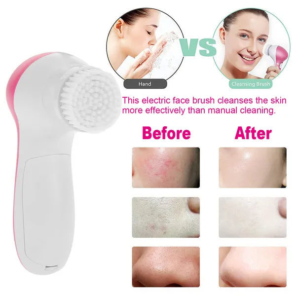 Waterproof Electric Facial Cleansing Spin Brush — 5 Interchangeable Brush Heads for Women (Pink)