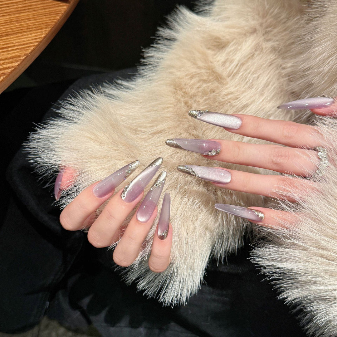 French Moon Shadow Rhinestone Press-On Nails — Gradient Glitter, Removable Wearable Armor