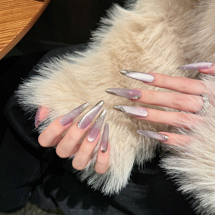 French Moon Shadow Rhinestone Press-On Nails — Gradient Glitter, Removable Wearable Armor