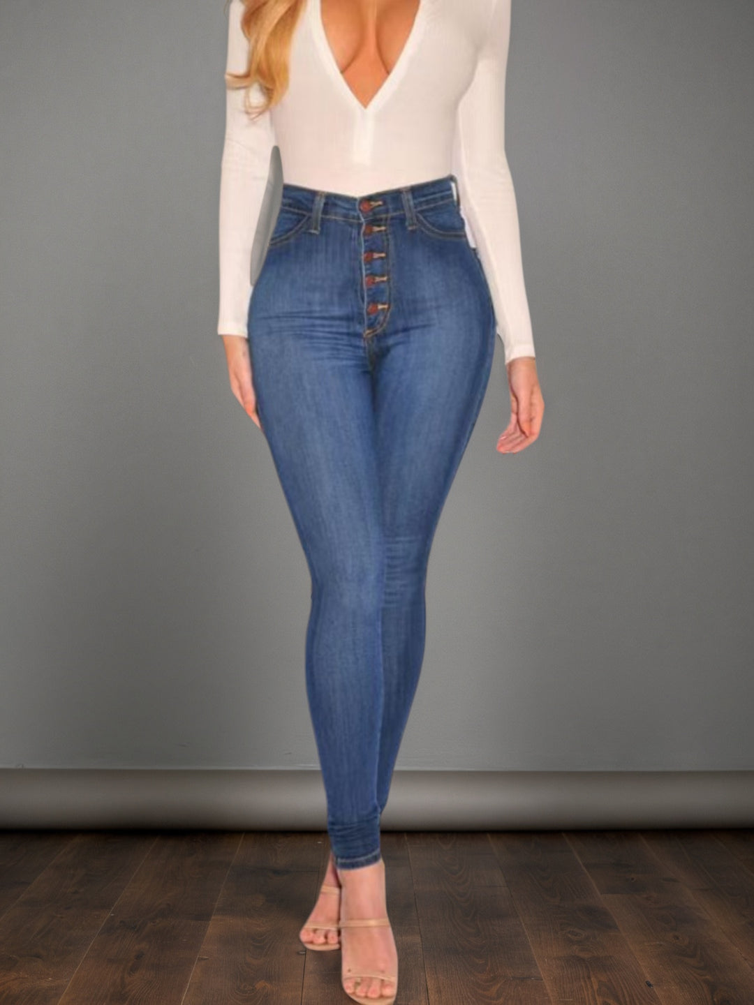 Women's High-Rise Buckle Accent Skinny Jeans – Mid Blue Slim Fit Denim