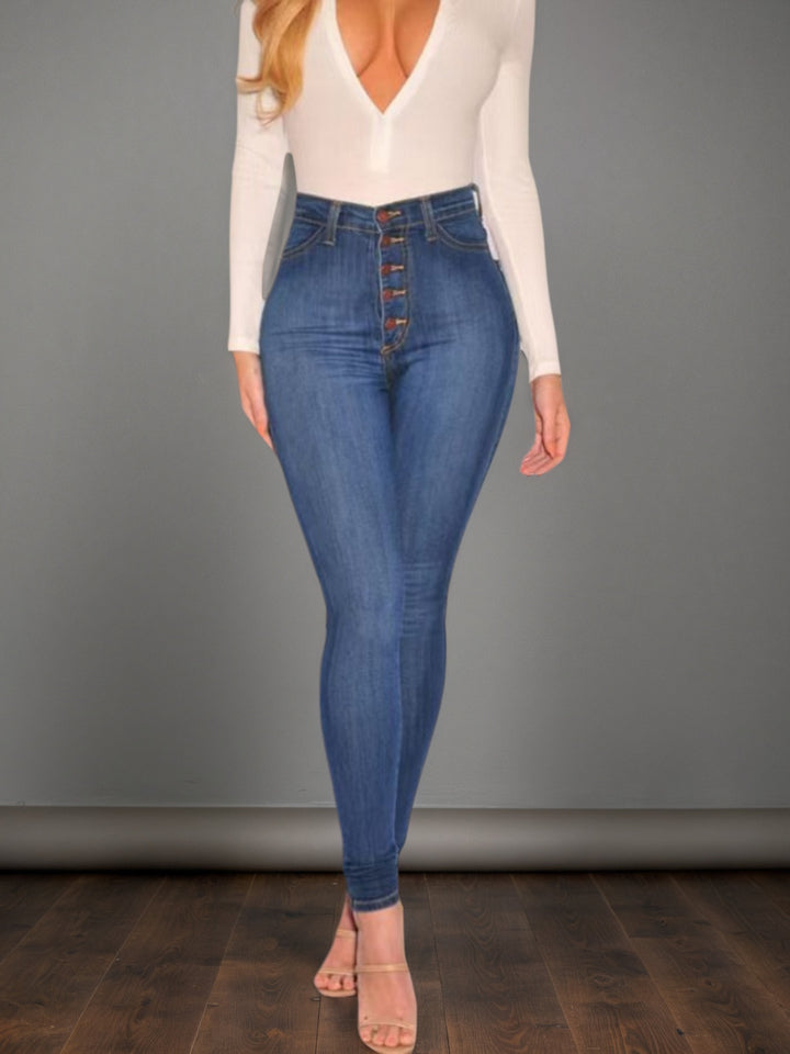 Women's High-Rise Buckle Accent Skinny Jeans – Mid Blue Slim Fit Denim