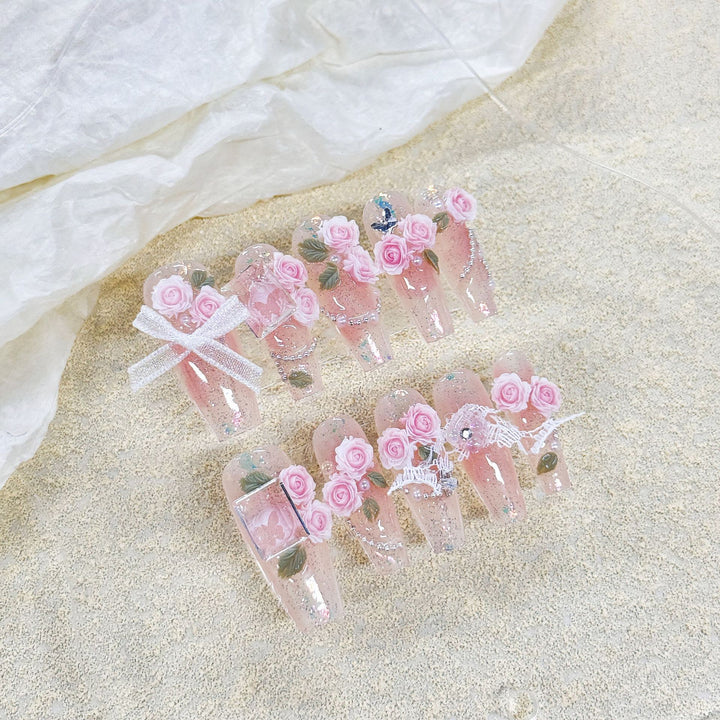 Handmade UV-Cured Nail Beauty Patches — Finished Press-On Nails, Long Ladder Style (1456)