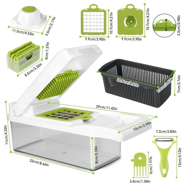 12-in-1 Vegetable Chopper with Container — Kitchen Food Slicer, Dicer & Grater Set