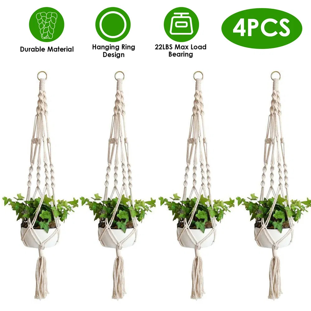 40in Cotton Rope Plant Hangers — Set of 2 or 4, Macramé 4-Leg Hanging Flowerpot Net Bag for Indoor & Outdoor Plants