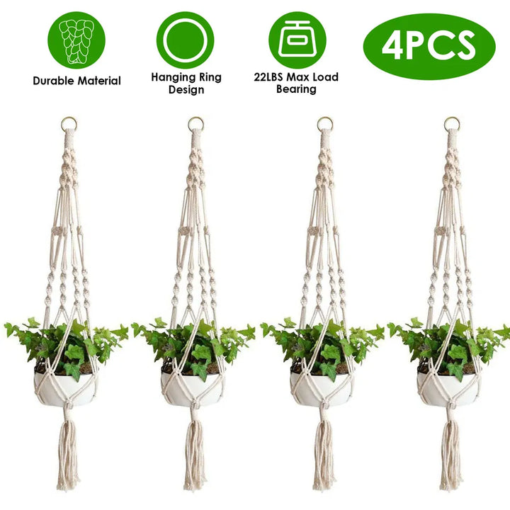 40in Cotton Rope Plant Hangers — Set of 2 or 4, Macramé 4-Leg Hanging Flowerpot Net Bag for Indoor & Outdoor Plants