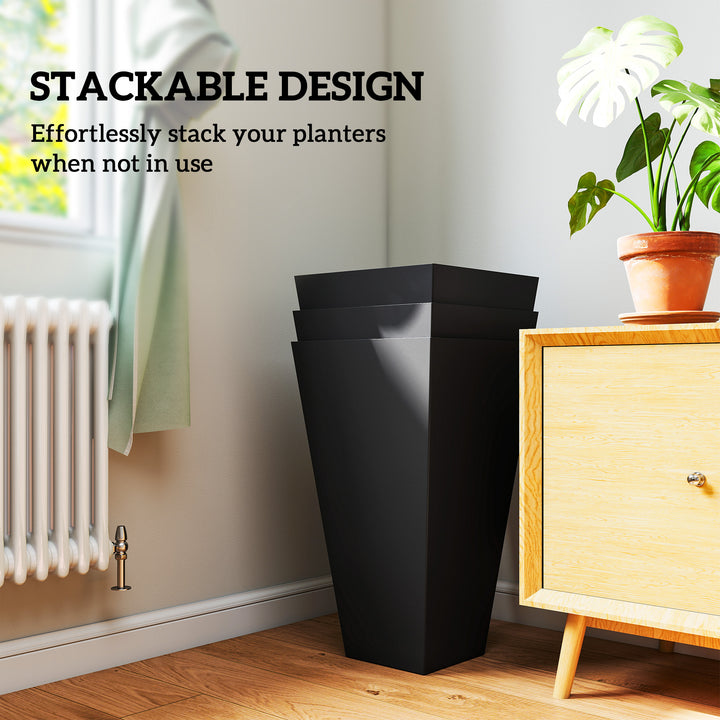 Set of 3 Grande 28in Tall Outdoor Planters — Tapered with Drainage Holes, Front Porch & Patio Décor (Black)