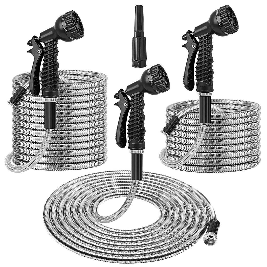 Heavy Duty Stainless Steel Garden Hose Kit — 25ft / 50ft / 100ft, Kink-Free, 12-Pattern Nozzle, Dog-Proof (2 Nozzles)
