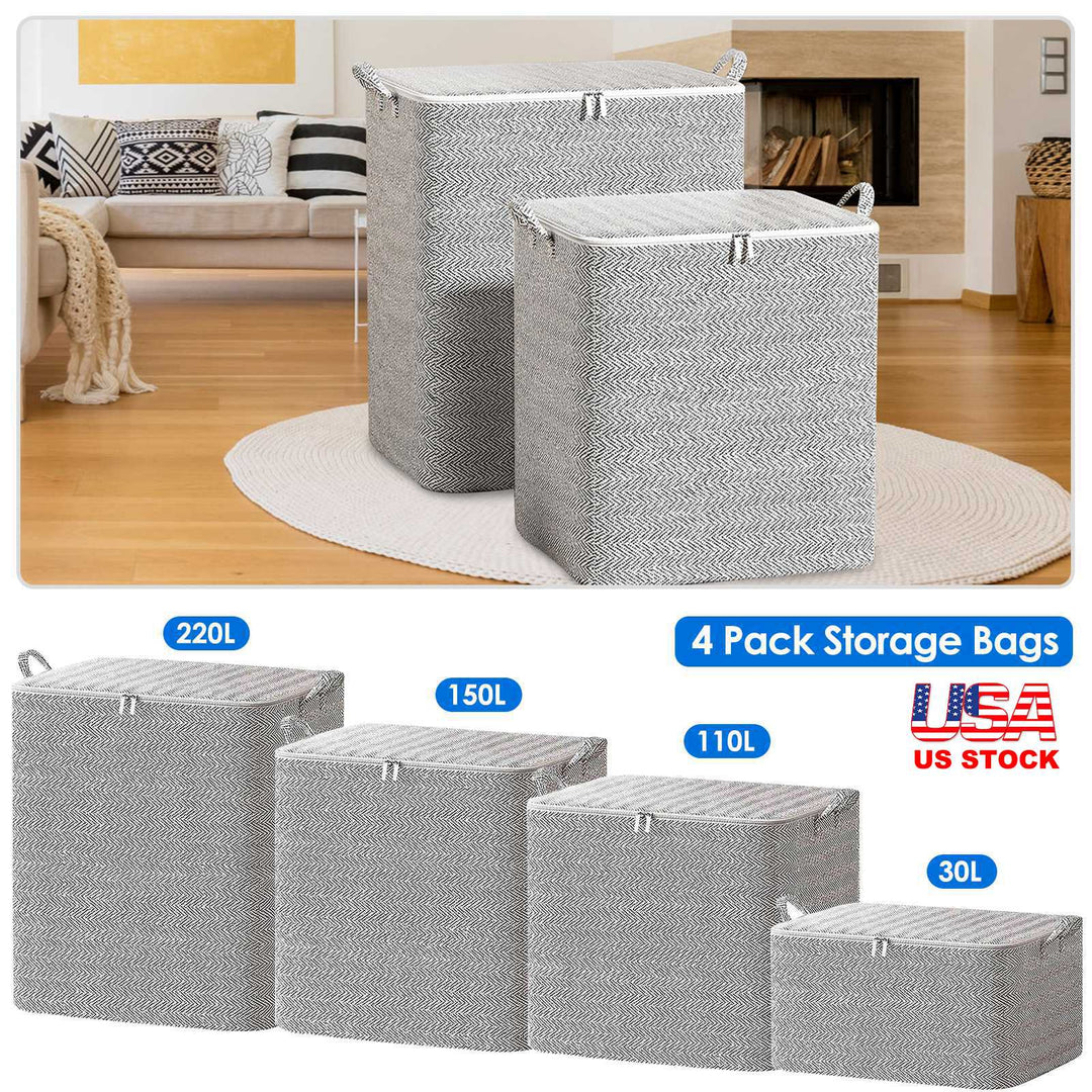 4 Pack Foldable Non Woven Storage Bags Closet Organizers Wardrobe Sorting Baskets With 2 Handles Dustproof Lid Zipper For Clothes Quilt 30L 110L 150L 220L